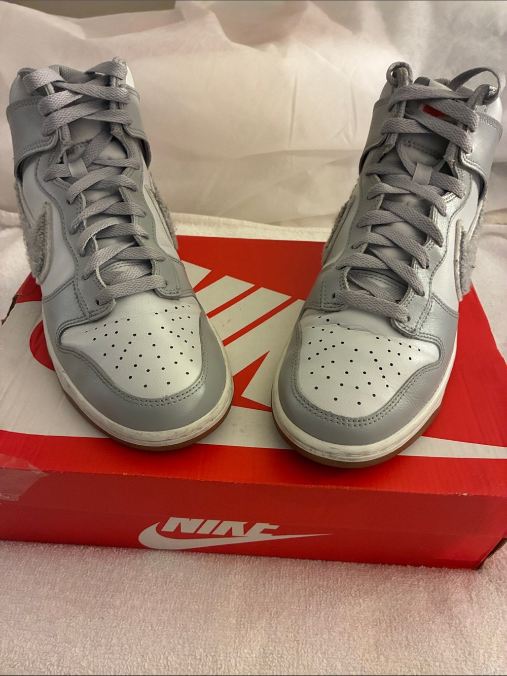 Nike Dunk High “Chenille Swoosh” Light Smoke Gray & White sneaker